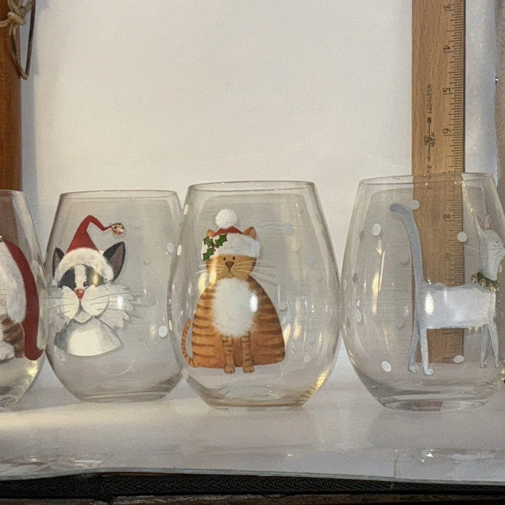 Pier 1 Stemless Wine Glasses Set of 4 Clear Decorated Christmas Cat 19 Oz. NIB
